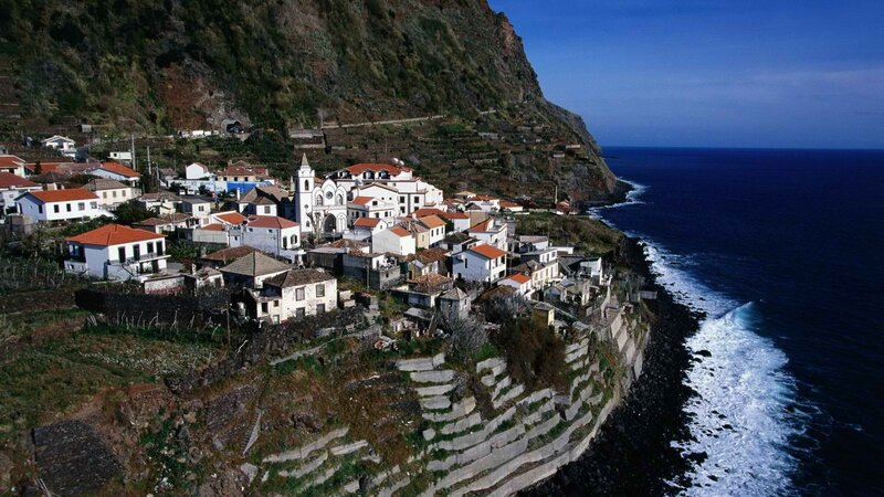 Coastal Village on Cliff — Blue, Serene, Afternoon, Photograph, Ocean