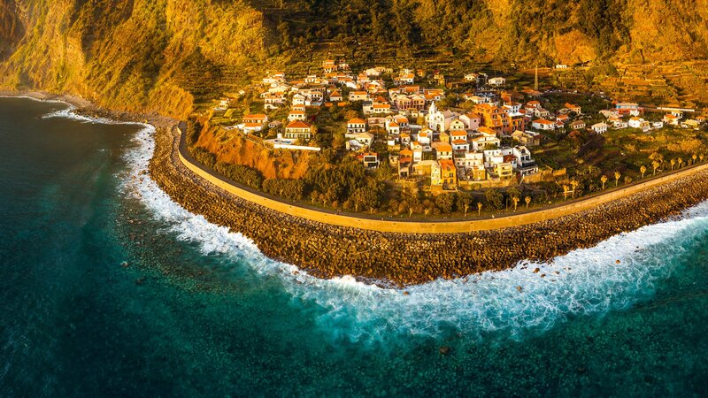 Coastal Village on Cliff — Blue, Serene, Sunset