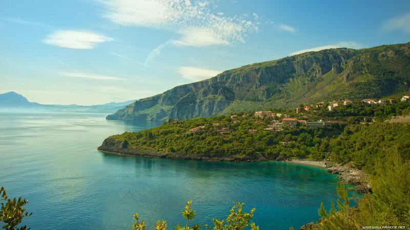 Coastal Village on Cliff — Blue, Serene