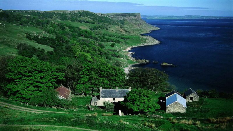 coastal village on green hills