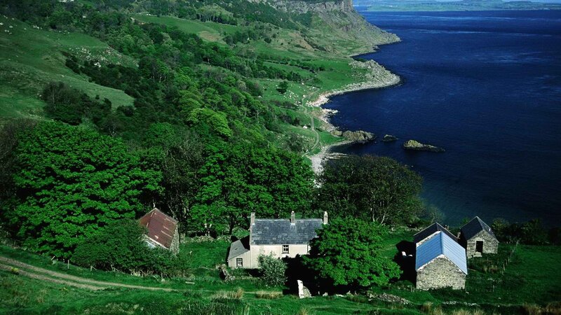 coastal village on green hills