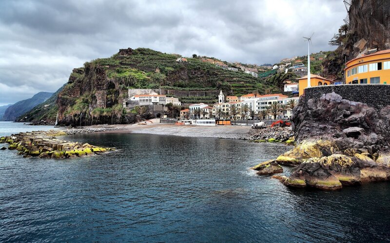 Coastal Village on Hillside — Blue, Dramatic, Photograph