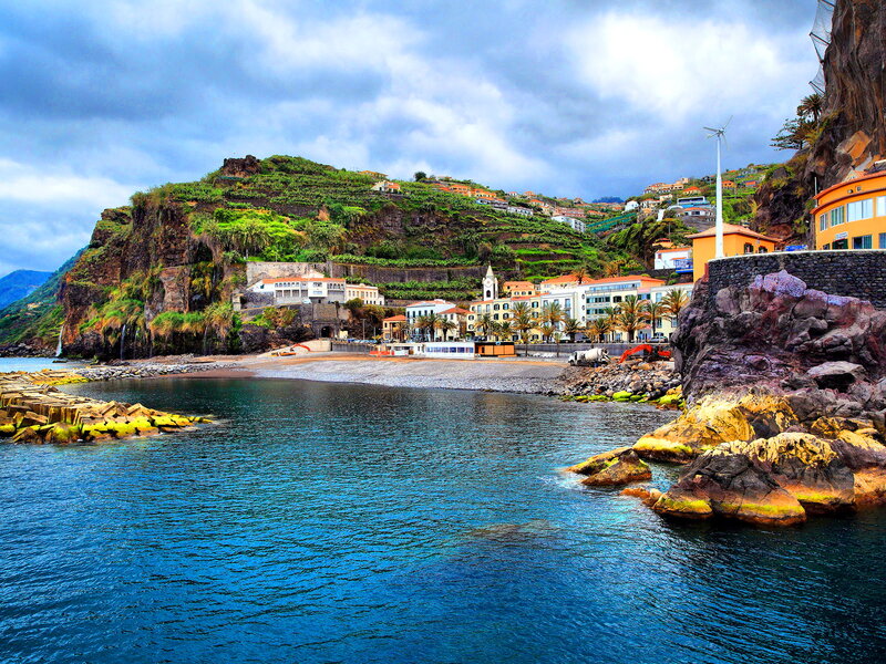 Coastal Village on Hillside — Blue, Dramatic