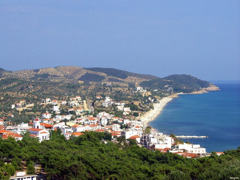 Coastal Village on Hillside — Blue, Serene, Afternoon, Photograph, Beach
