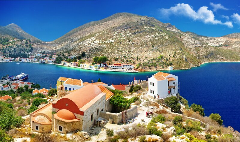 Coastal Village on Hillside — Blue, Serene, Afternoon, Photograph, Mountain