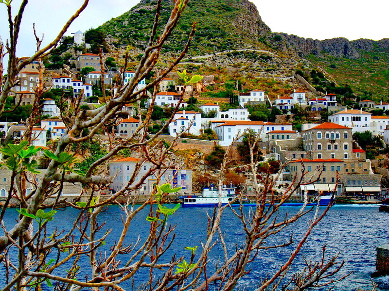 Coastal Village on Hillside — Blue, Serene, Afternoon, Photograph, Sea