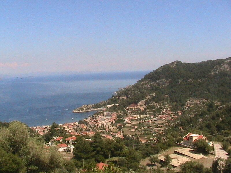 Coastal Village on Hillside — Blue, Serene, Afternoon, Photograph