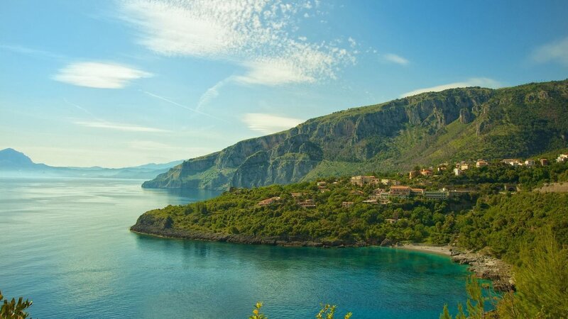 Coastal Village on Hillside — Blue, Serene