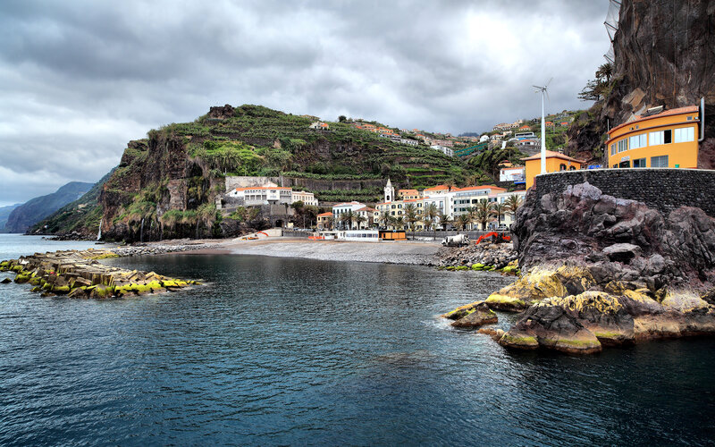 coastal village on volcanic island
