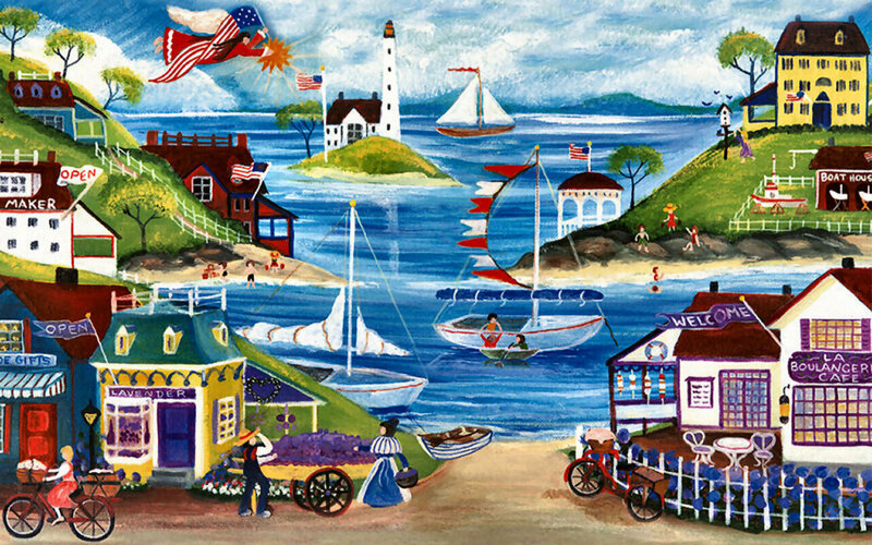 Coastal Village Scene — Blue, Cheerful