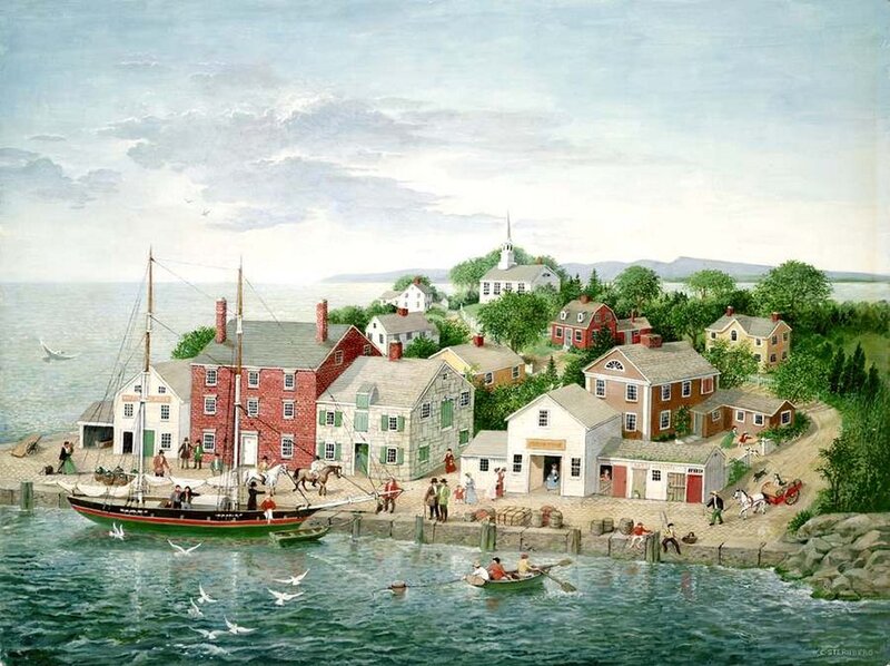 Coastal Village Scene — Blue, Peaceful