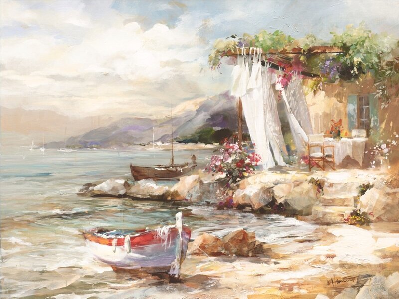 Coastal Village Scene — Blue, Serene, Afternoon, Painting, Boat