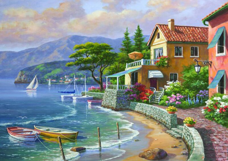 Coastal Village Scene — Blue, Serene, Afternoon, Painting, Boats, Mountains, Flowers