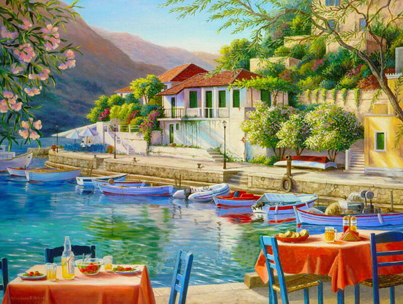 Coastal Village Scene — Blue, Serene, Afternoon, Painting, Boats