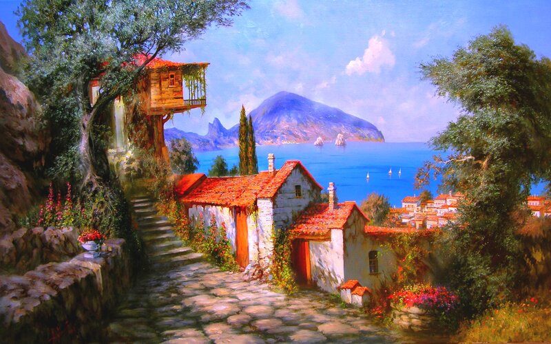 Coastal Village Scene — Blue, Serene, Afternoon, Painting, Mountain, Sea
