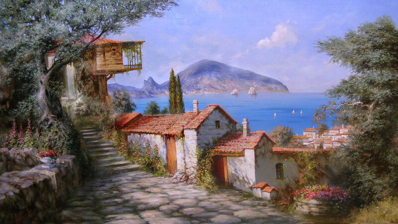 Coastal Village Scene — Blue, Serene, Afternoon, Painting
