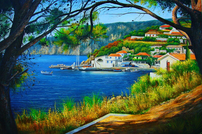 Coastal Village Scene — Blue, Serene, Afternoon, Painting, Trees