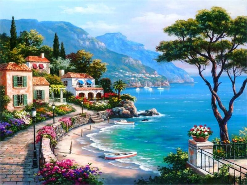 Coastal Village Scene — Blue, Serene, Afternoon