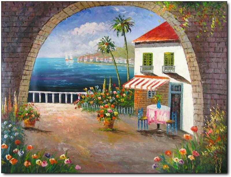 Coastal Village Scene — Blue, Serene