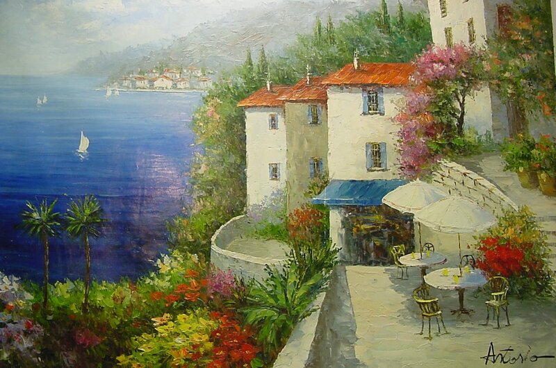 Coastal Village Scene — Blue