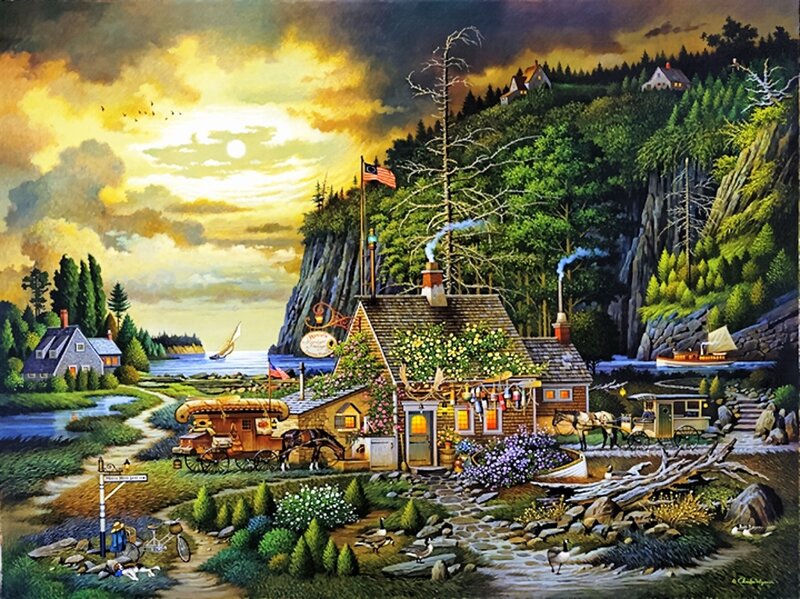 Coastal Village Scene — Green, Dramatic