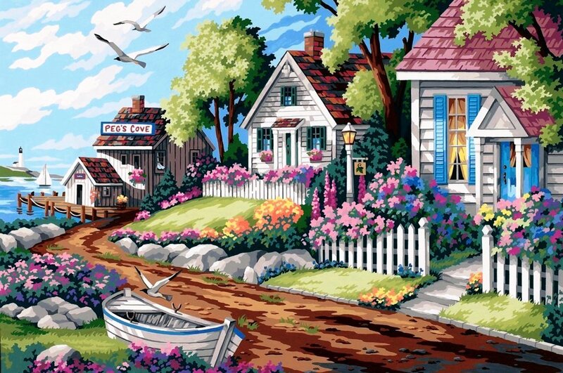 Coastal Village Scene — Green, Serene