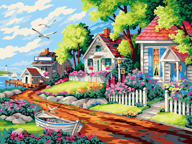 Coastal Village Scene — Green