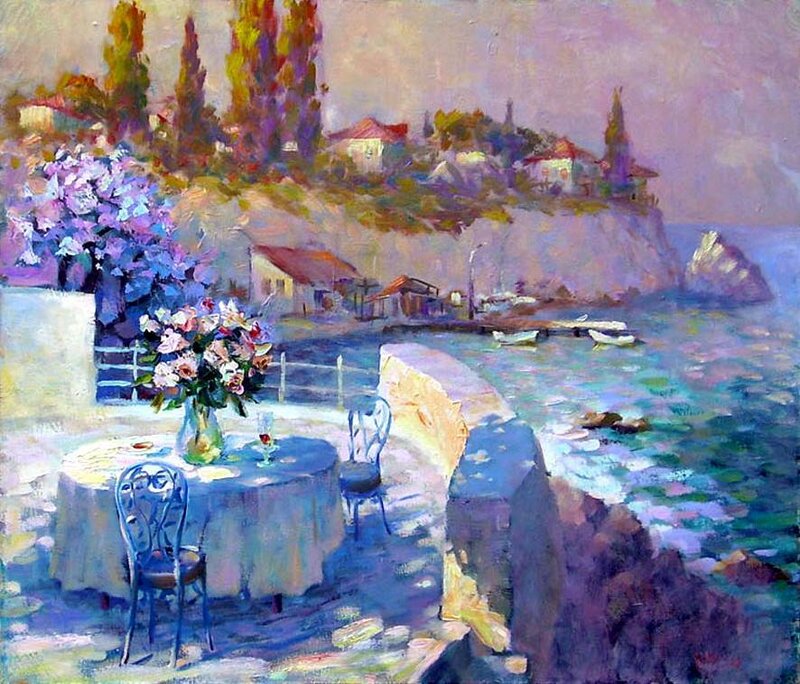 Coastal Village Scene — Purple