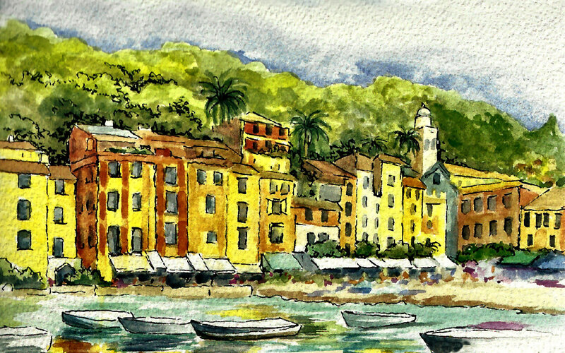 Coastal Village Scene — Yellow