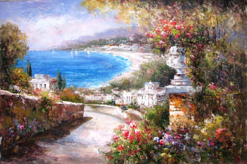 Coastal Village View — Blue, Serene, Afternoon, Painting