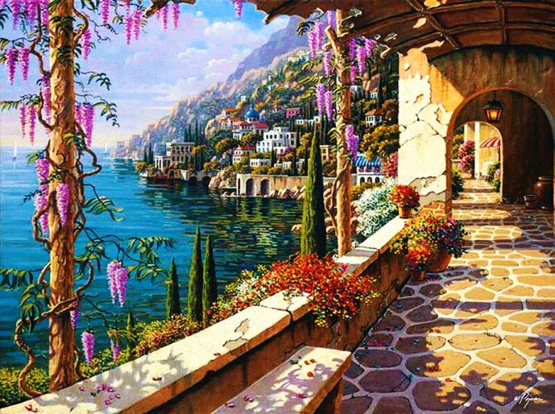 Coastal Village View — Blue, Serene