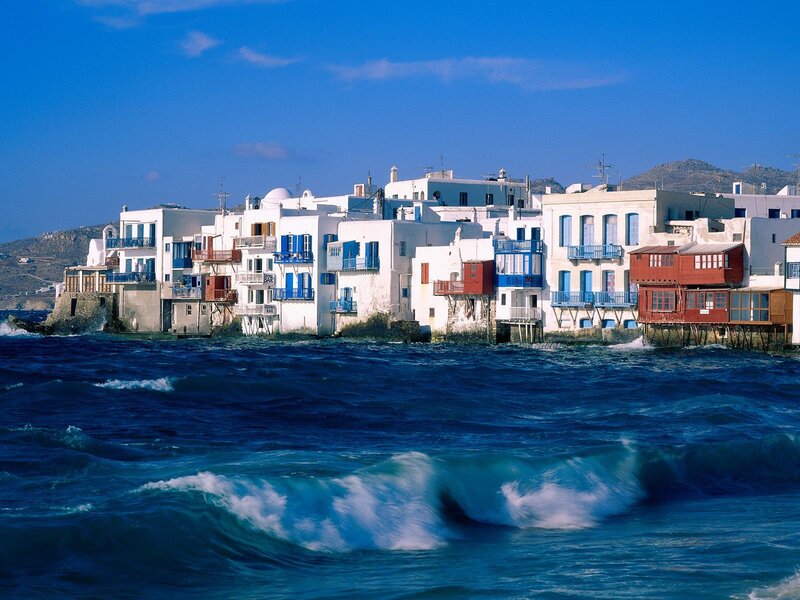 Coastal village with blue and white buildings