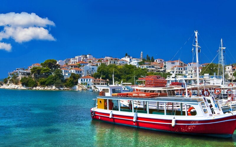 Coastal village with boats