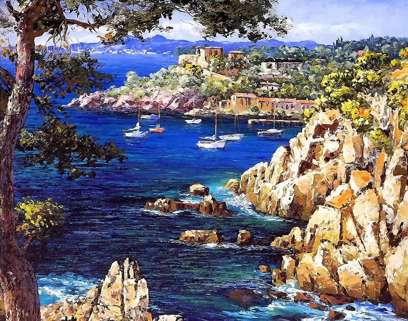 Coastal Village with Boats — Blue, Serene, Afternoon