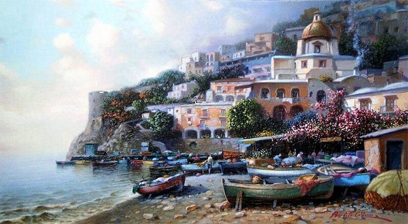 Coastal Village with Boats — Blue, Serene