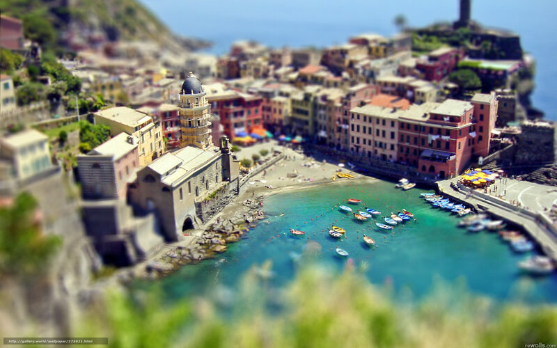 Coastal village with church and boats