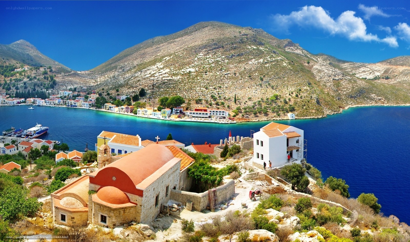 Coastal village with church and harbor