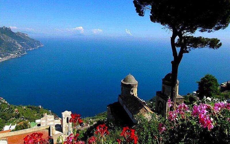Coastal Village with Church — Blue, Serene, Afternoon