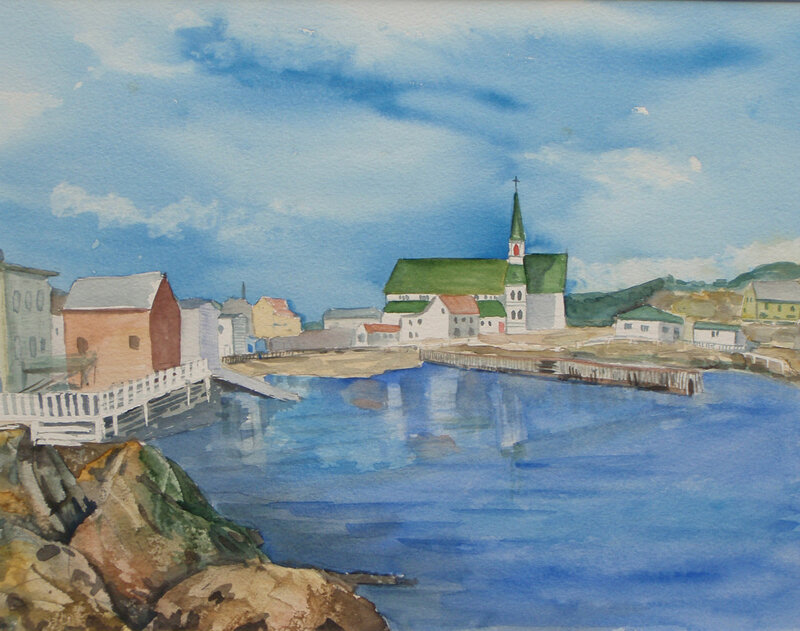 Coastal Village with Church — Blue