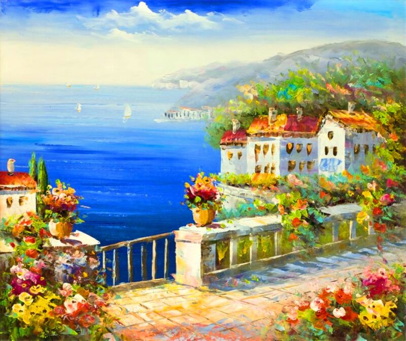 Coastal Village with Flowers — Blue, Serene