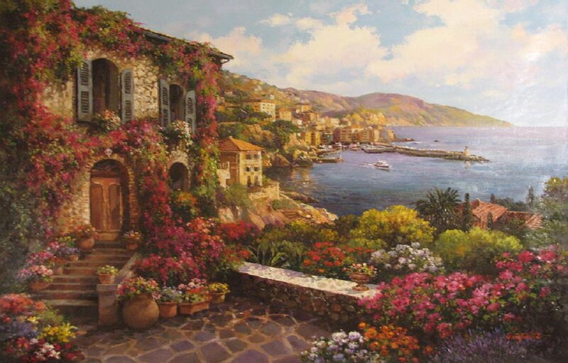 Coastal Village with Flowers — Blue