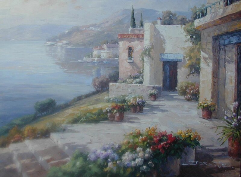Coastal village with flowers