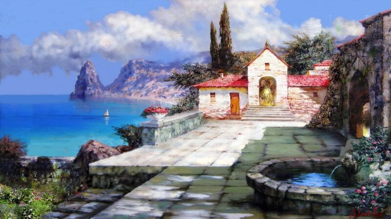 Coastal Village with Fountain