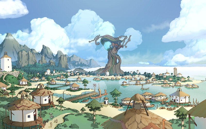 Coastal village with giant tree