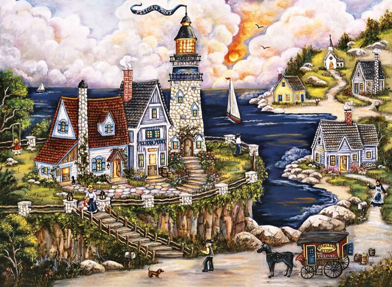 Coastal Village with Lighthouse — Blue, Peaceful