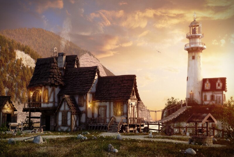 Coastal Village with Lighthouse — Golden