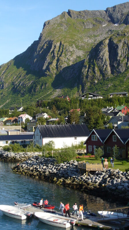 Coastal village with mountains