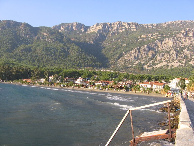 coastal village with mountains