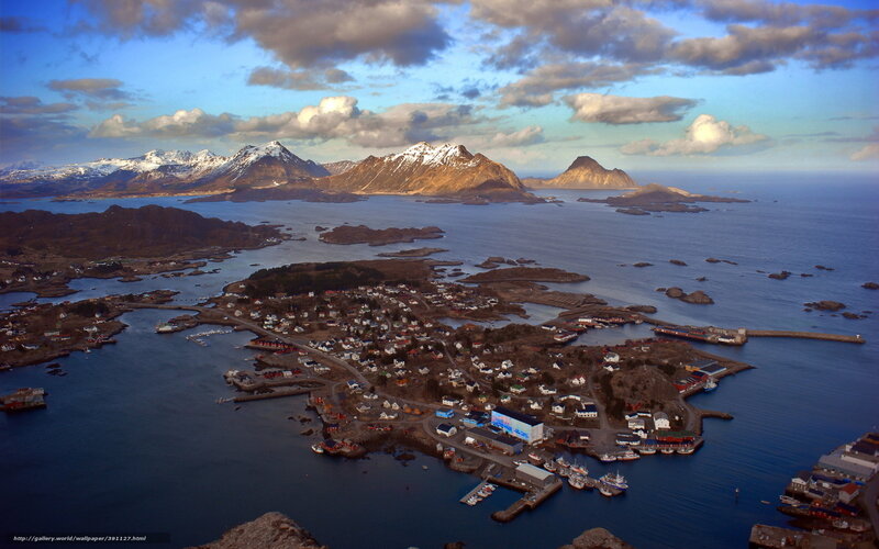 Coastal Village with Mountains — Blue
