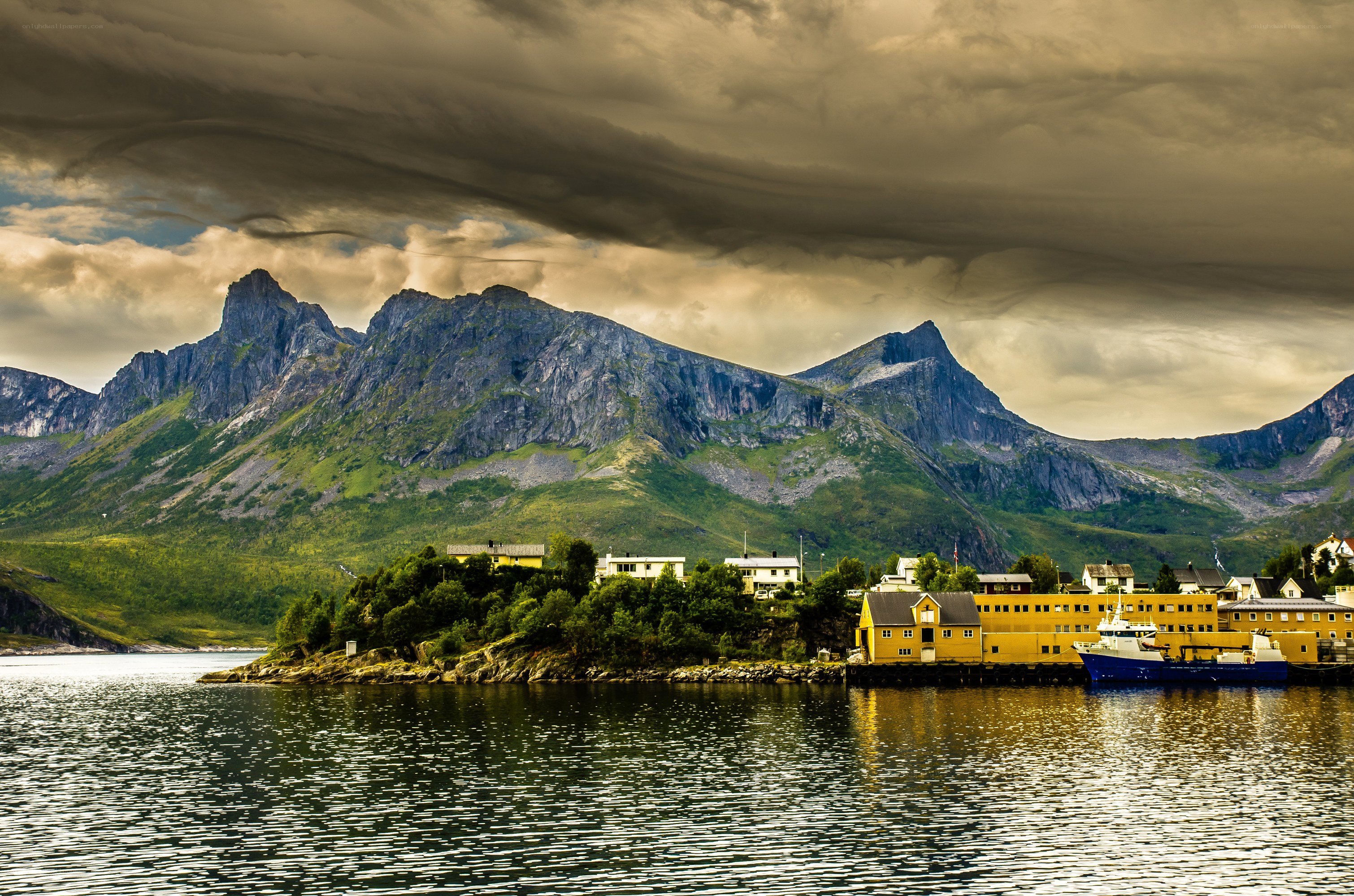 Coastal village with mountains